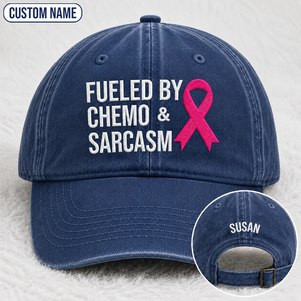 Personalized Fueled By Sarcasm Pink Ribbon Embroidered Washed Cap, Awareness Gift