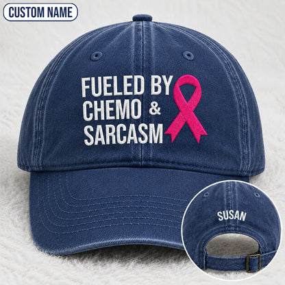Personalized Fueled By Sarcasm Pink Ribbon Embroidered Washed Cap, Awareness Gift