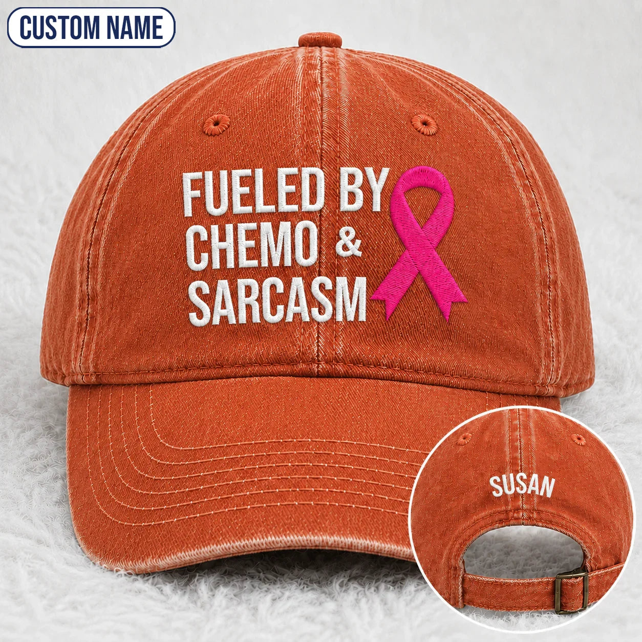Personalized Fueled By Sarcasm Pink Ribbon Embroidered Washed Cap, Awareness Gift
