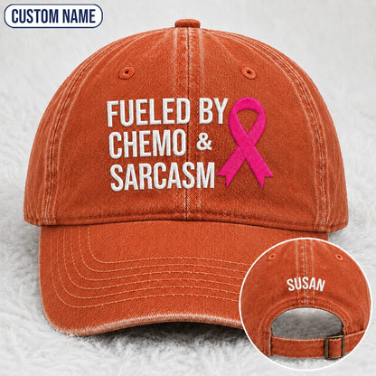 Personalized Fueled By Sarcasm Pink Ribbon Embroidered Washed Cap, Awareness Gift