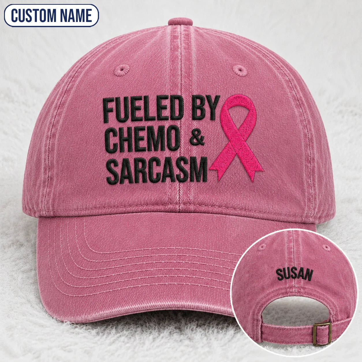 Personalized Fueled By Sarcasm Pink Ribbon Embroidered Washed Cap, Awareness Gift