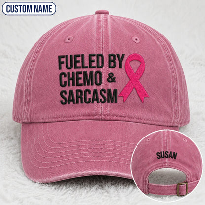 Personalized Fueled By Sarcasm Pink Ribbon Embroidered Washed Cap, Awareness Gift