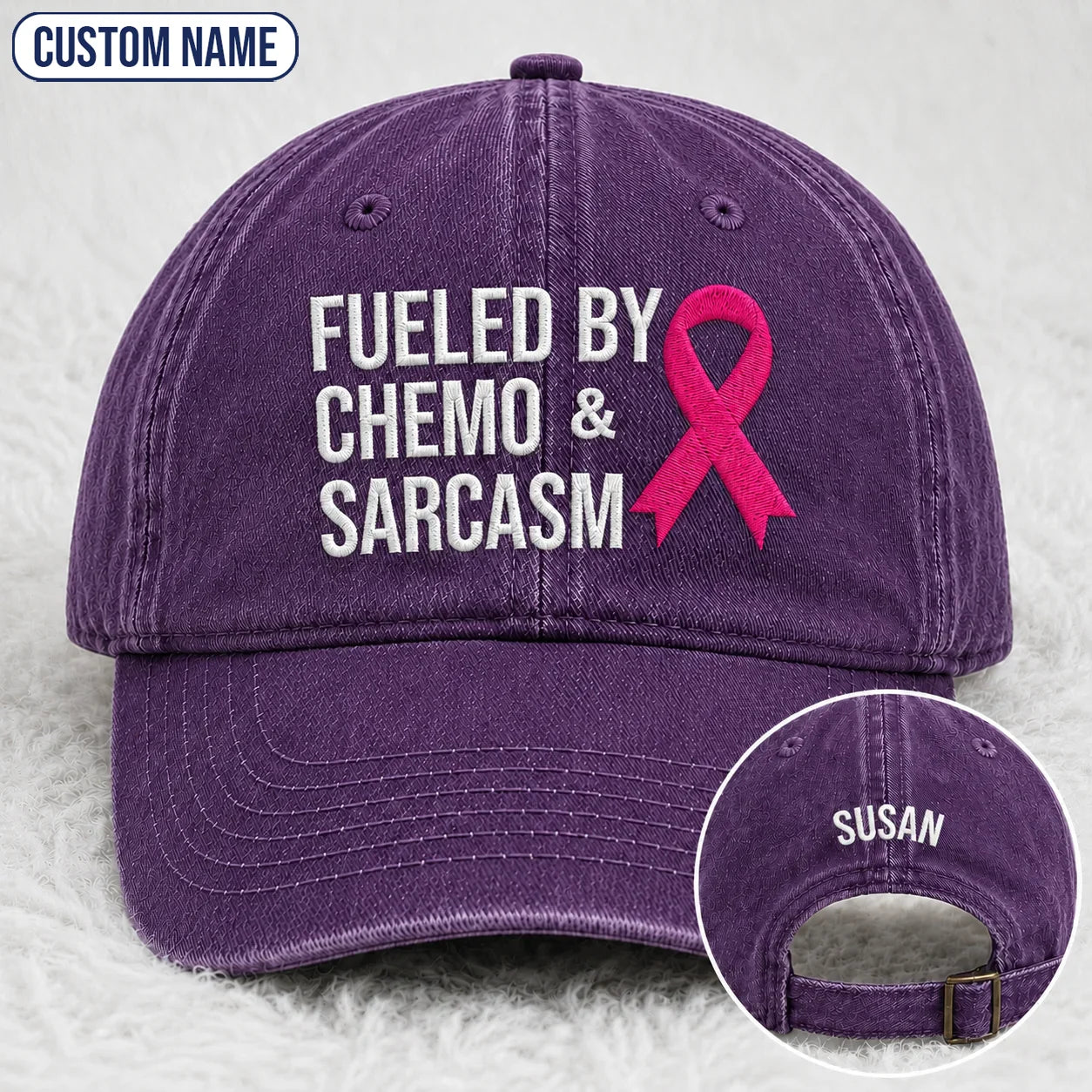 Personalized Fueled By Sarcasm Pink Ribbon Embroidered Washed Cap, Awareness Gift