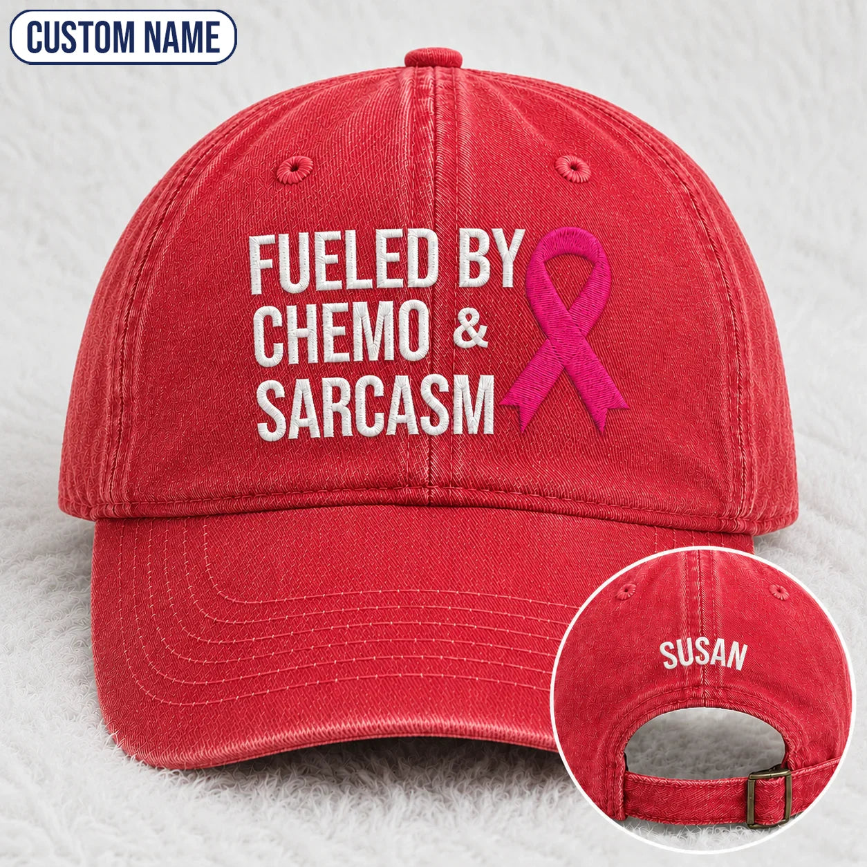 Personalized Fueled By Sarcasm Pink Ribbon Embroidered Washed Cap, Awareness Gift