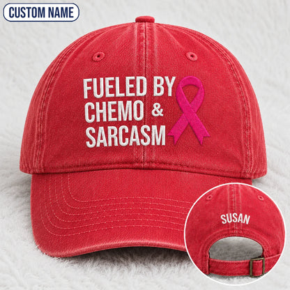 Personalized Fueled By Sarcasm Pink Ribbon Embroidered Washed Cap, Awareness Gift