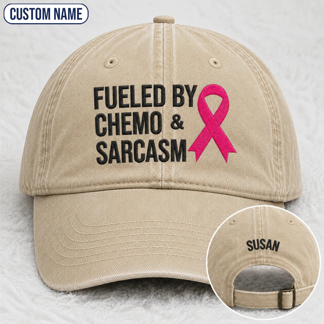 Personalized Fueled By Sarcasm Pink Ribbon Embroidered Washed Cap, Awareness Gift