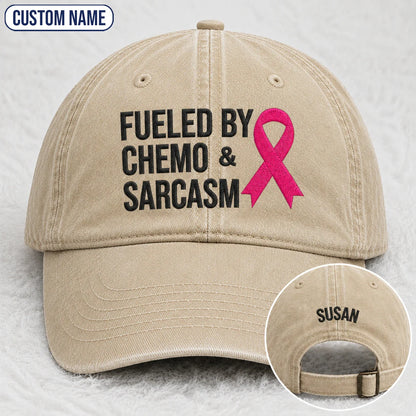 Personalized Fueled By Sarcasm Pink Ribbon Embroidered Washed Cap, Awareness Gift