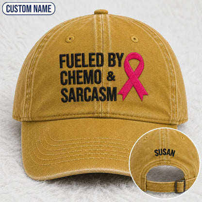 Personalized Fueled By Sarcasm Pink Ribbon Embroidered Washed Cap, Awareness Gift