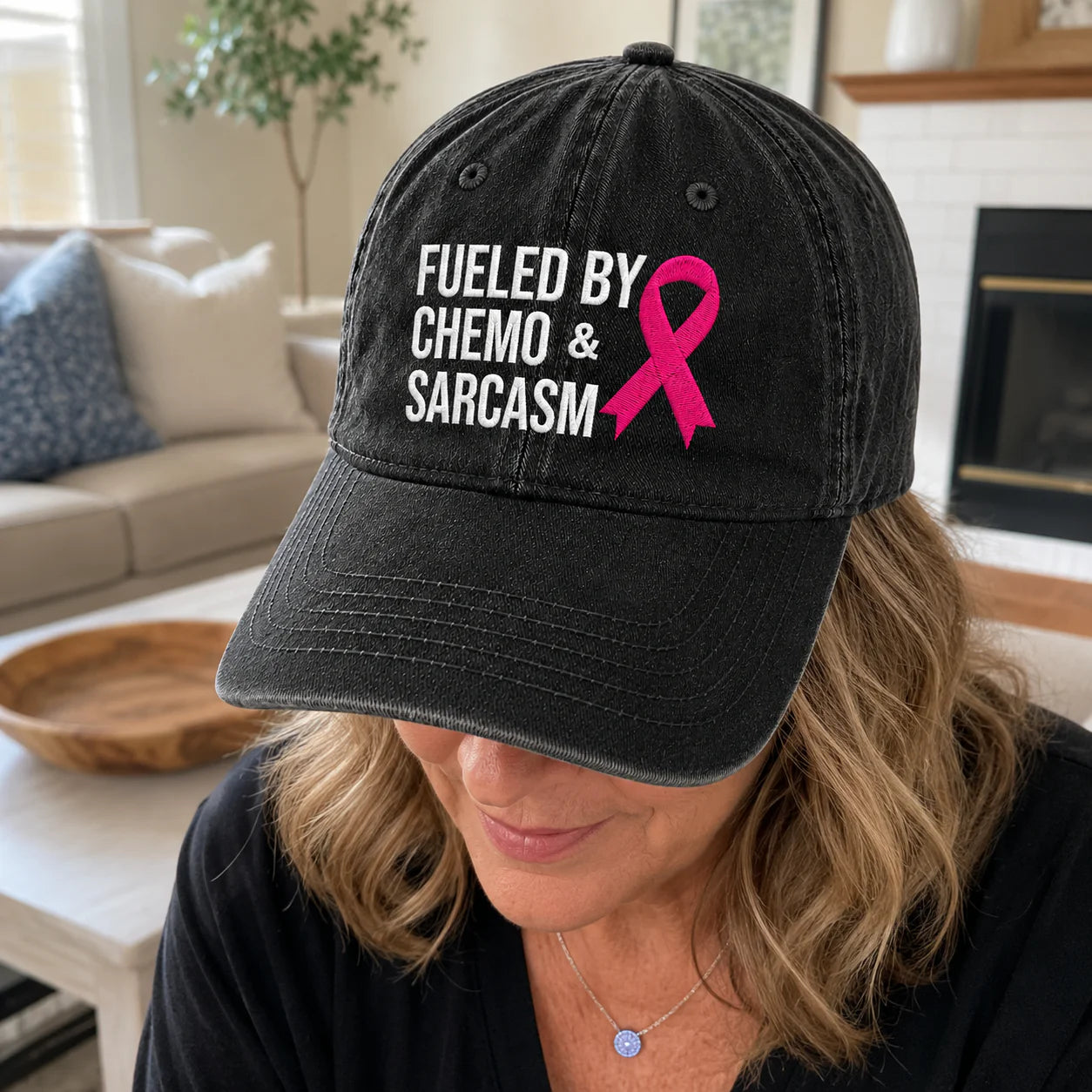 Personalized Fueled By Sarcasm Pink Ribbon Embroidered Washed Cap, Awareness Gift