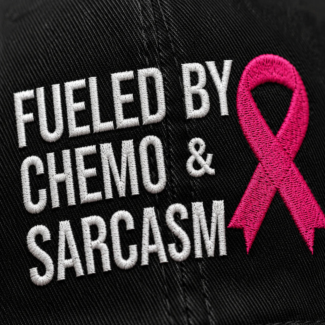 Personalized Fueled By Sarcasm Pink Ribbon Embroidered Washed Cap, Awareness Gift