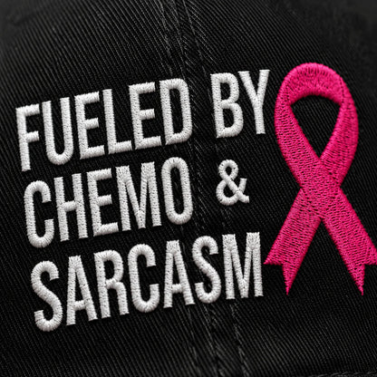 Personalized Fueled By Sarcasm Pink Ribbon Embroidered Washed Cap, Awareness Gift