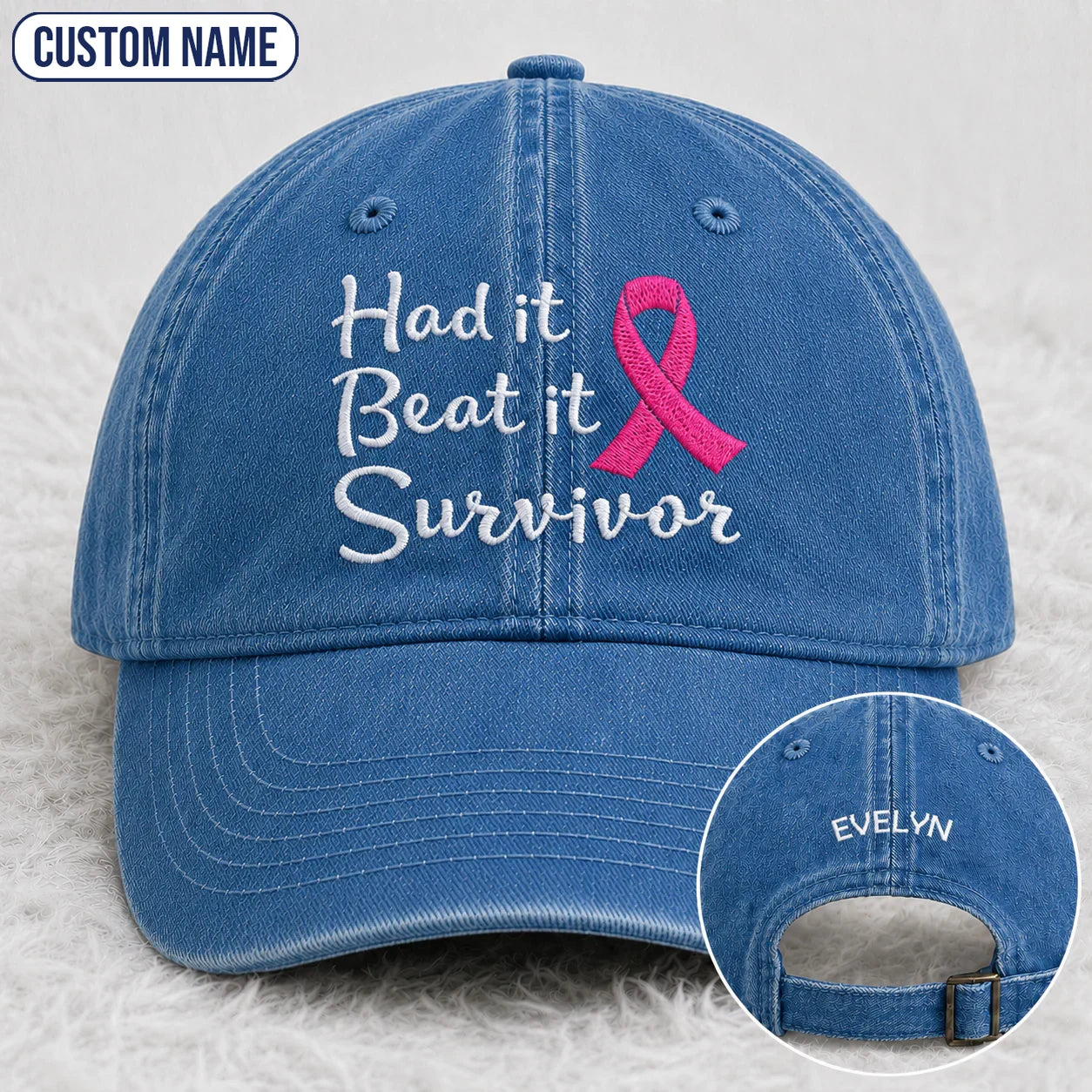 Personalized Had It Beat It Survivor Pink Ribbon Embroidered Washed Cap, Awareness Gift