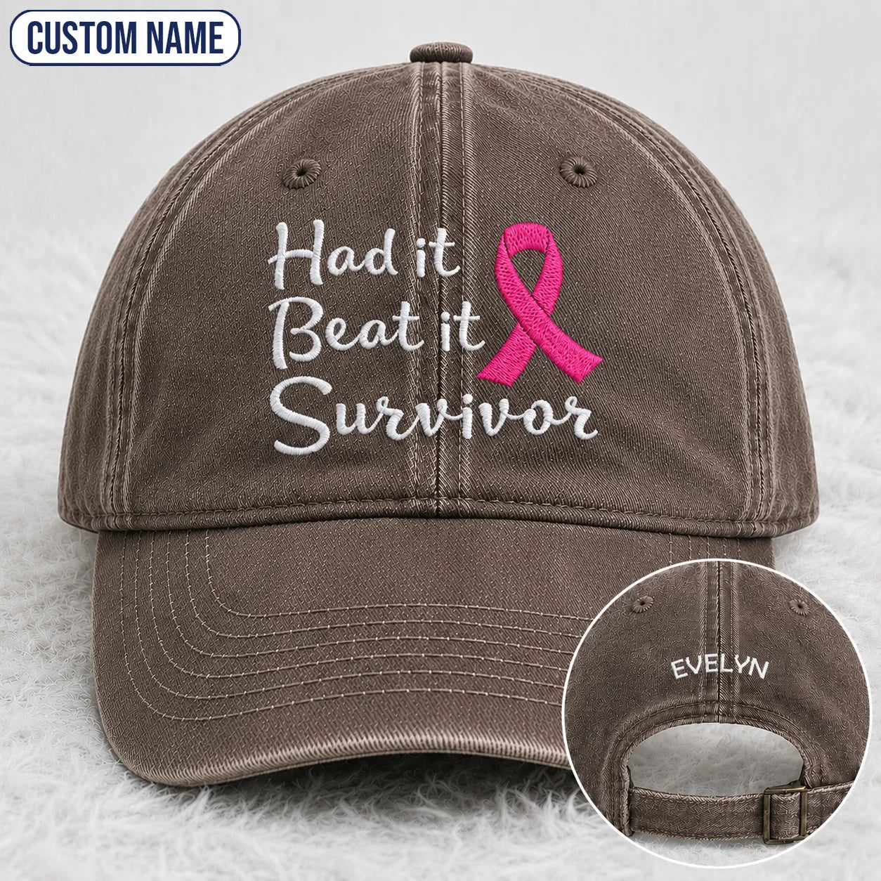 Personalized Had It Beat It Survivor Pink Ribbon Embroidered Washed Cap, Awareness Gift