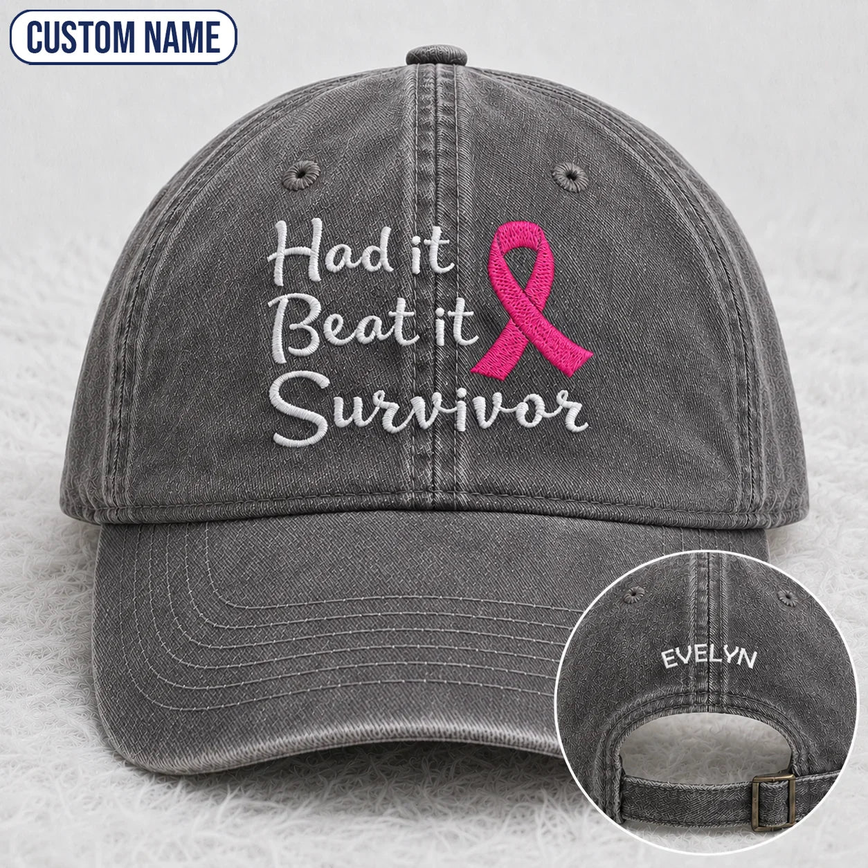 Personalized Had It Beat It Survivor Pink Ribbon Embroidered Washed Cap, Awareness Gift