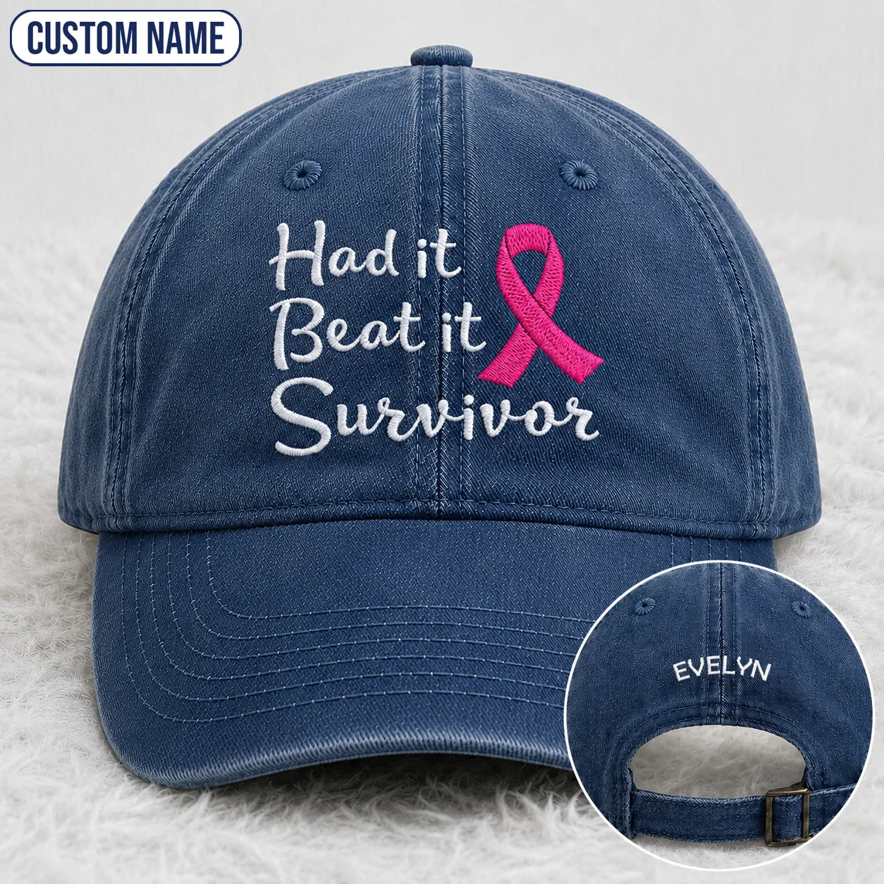 Personalized Had It Beat It Survivor Pink Ribbon Embroidered Washed Cap, Awareness Gift