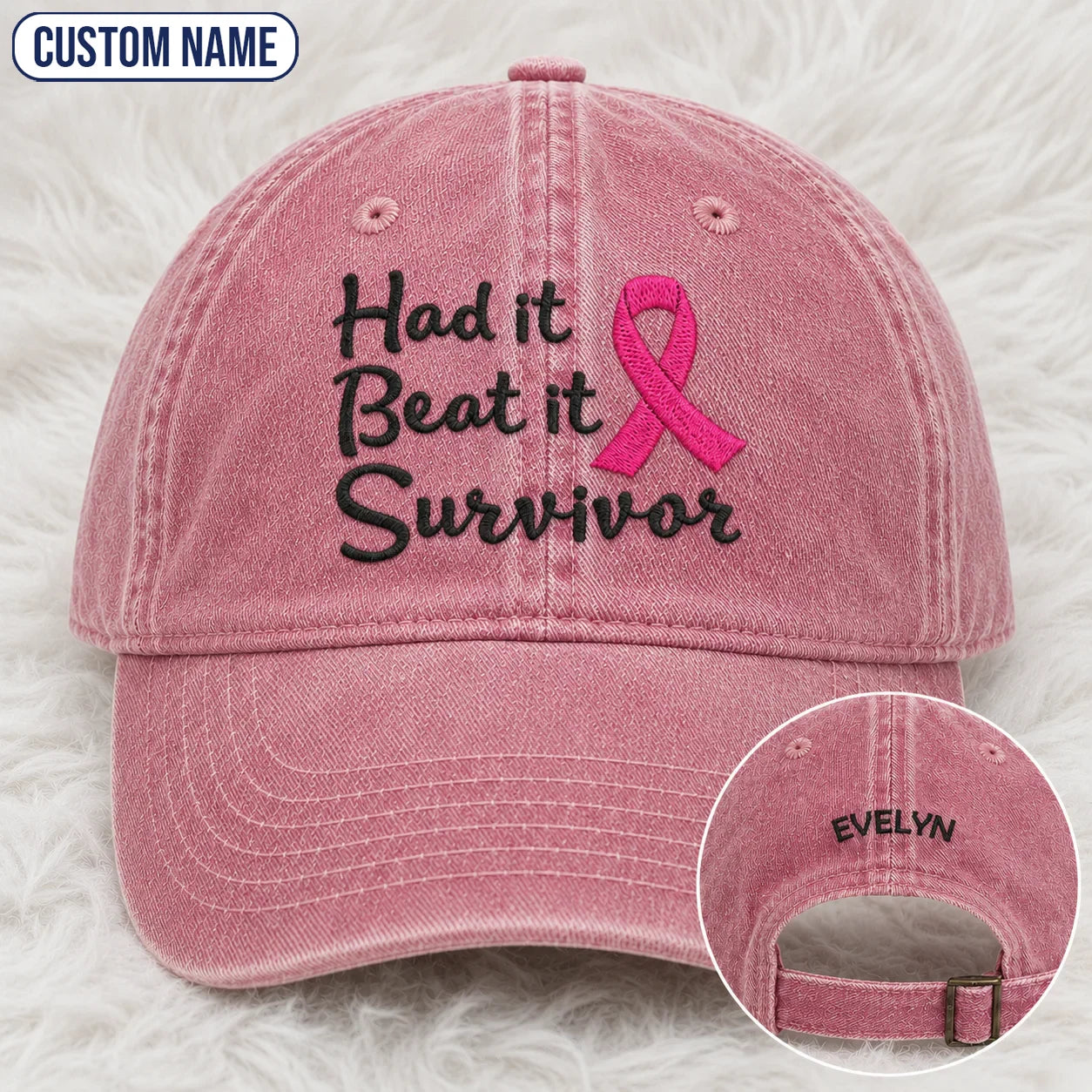 Personalized Had It Beat It Survivor Pink Ribbon Embroidered Washed Cap, Awareness Gift