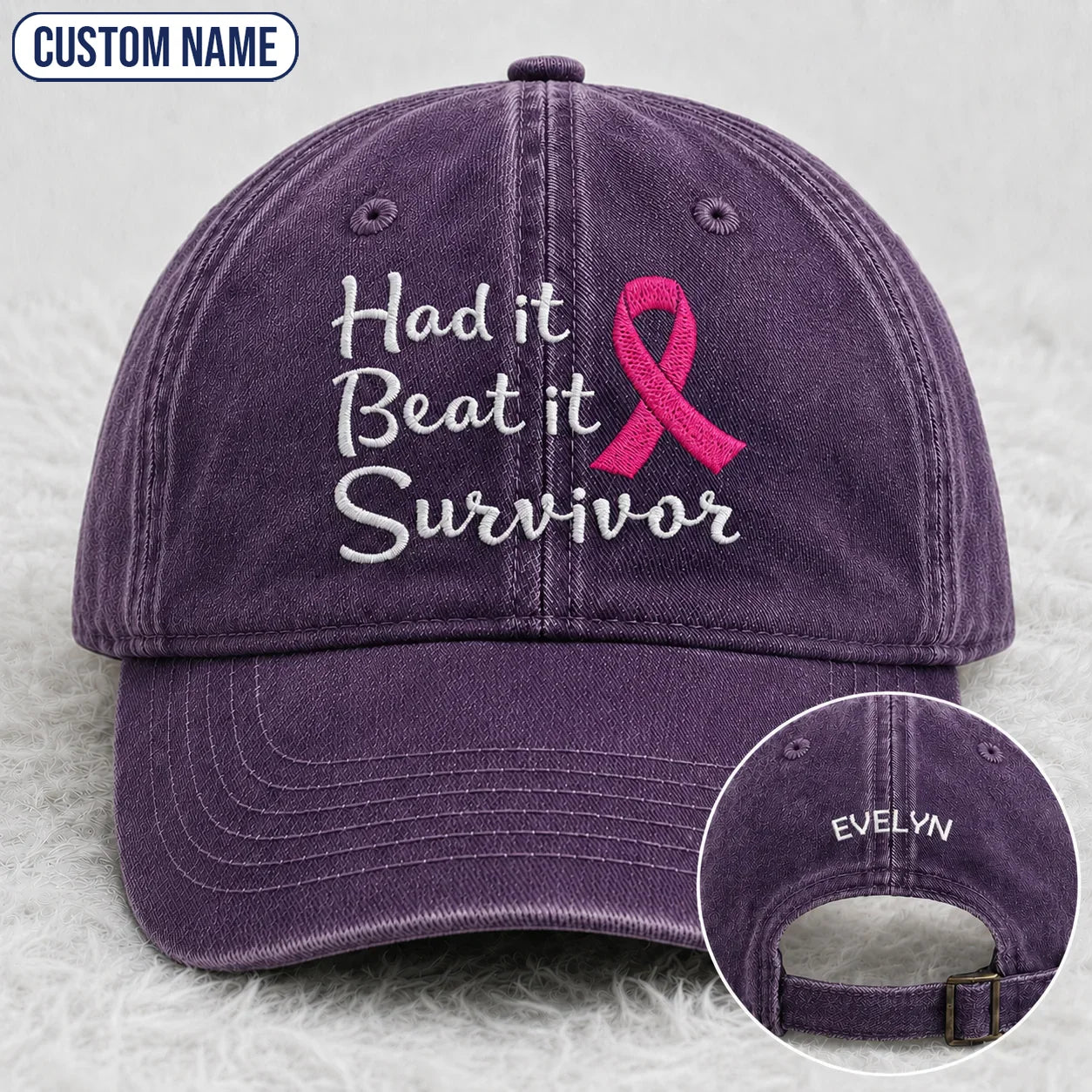 Personalized Had It Beat It Survivor Pink Ribbon Embroidered Washed Cap, Awareness Gift