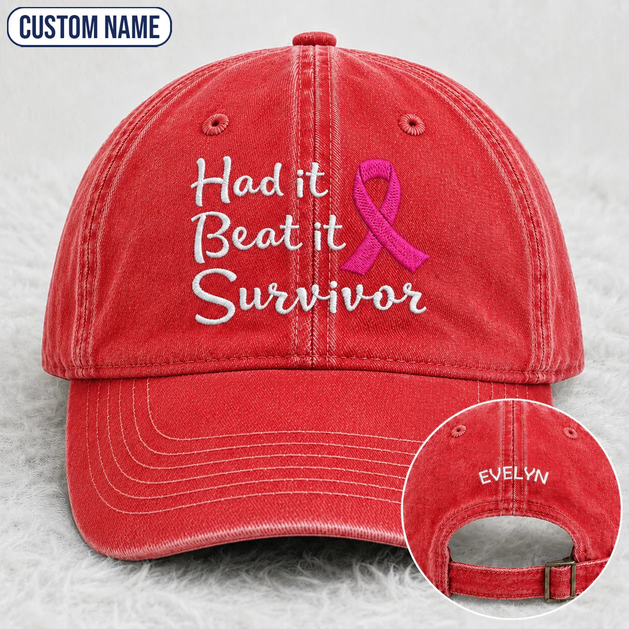 Personalized Had It Beat It Survivor Pink Ribbon Embroidered Washed Cap, Awareness Gift
