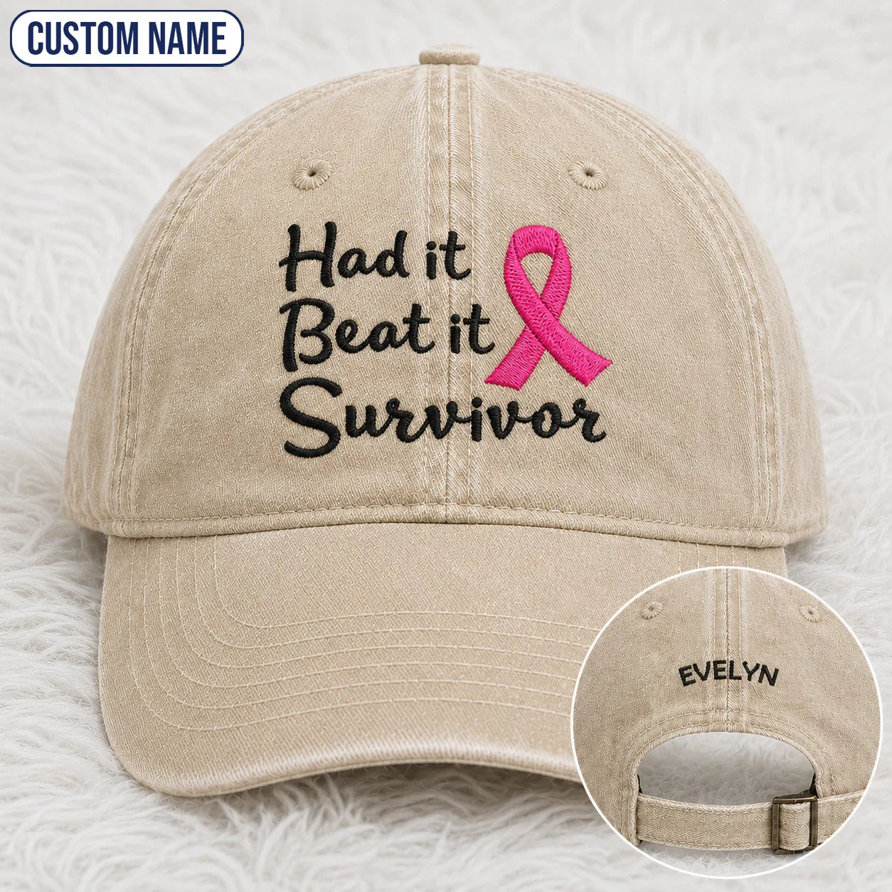 Personalized Had It Beat It Survivor Pink Ribbon Embroidered Washed Cap, Awareness Gift