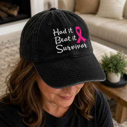 Personalized Had It Beat It Survivor Pink Ribbon Embroidered Washed Cap, Awareness Gift