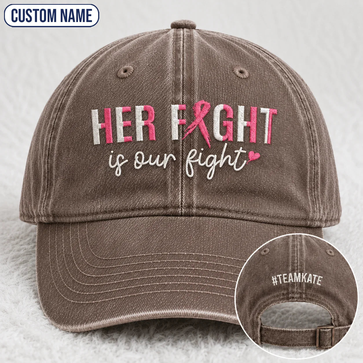 Personalized Her Fight Is Our Fight Pink Ribbon Embroidered Washed Cap, Awareness Gift