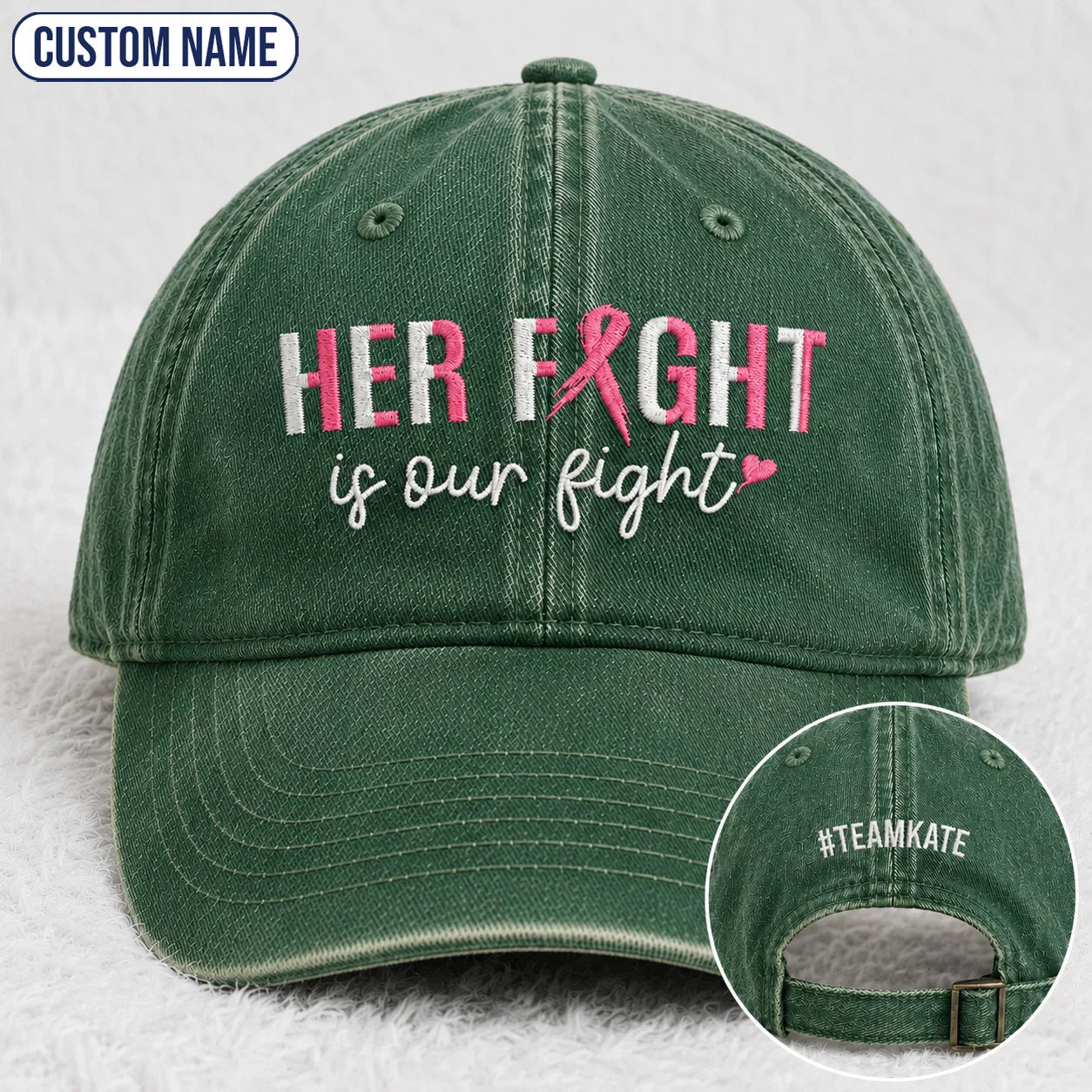 Personalized Her Fight Is Our Fight Pink Ribbon Embroidered Washed Cap, Awareness Gift