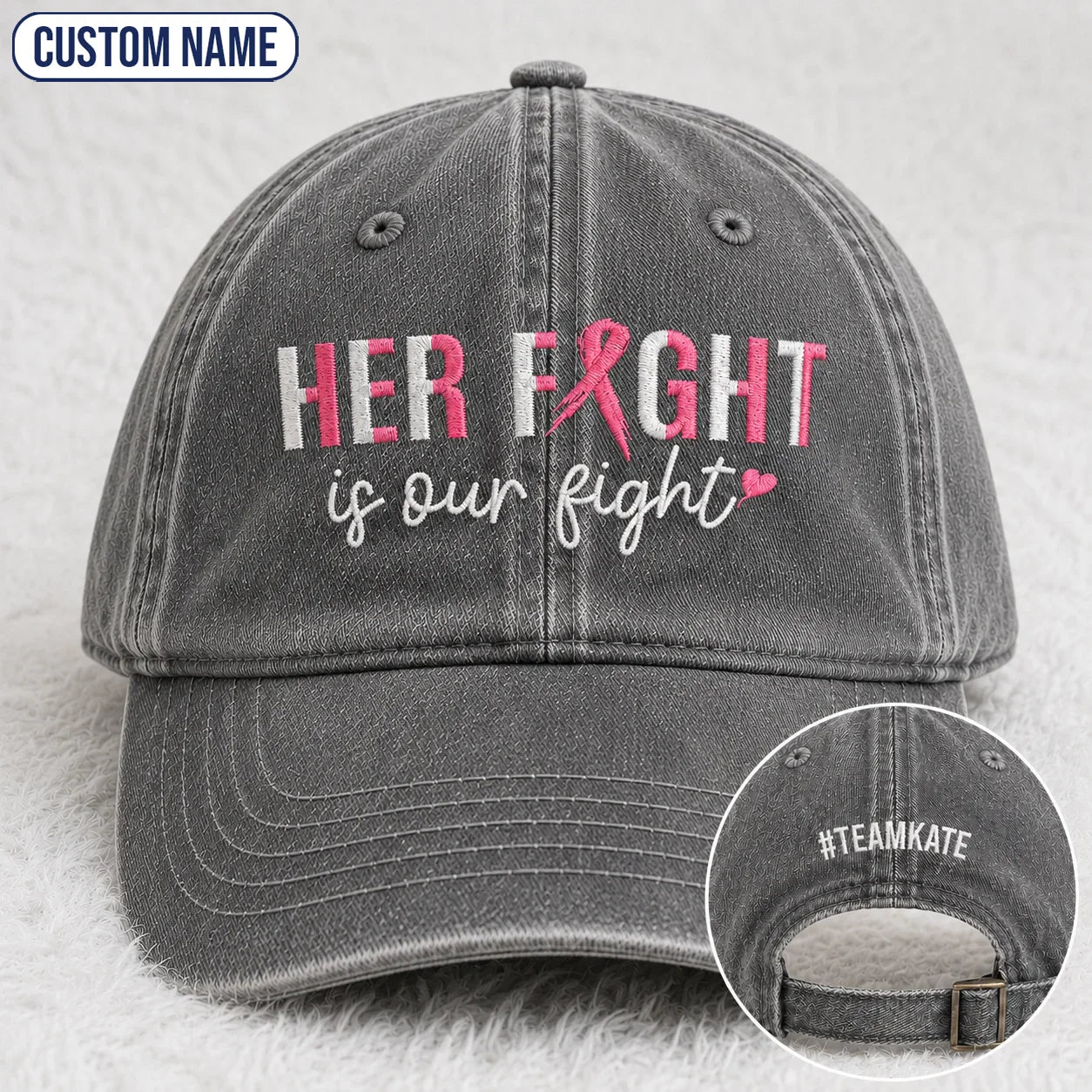 Personalized Her Fight Is Our Fight Pink Ribbon Embroidered Washed Cap, Awareness Gift