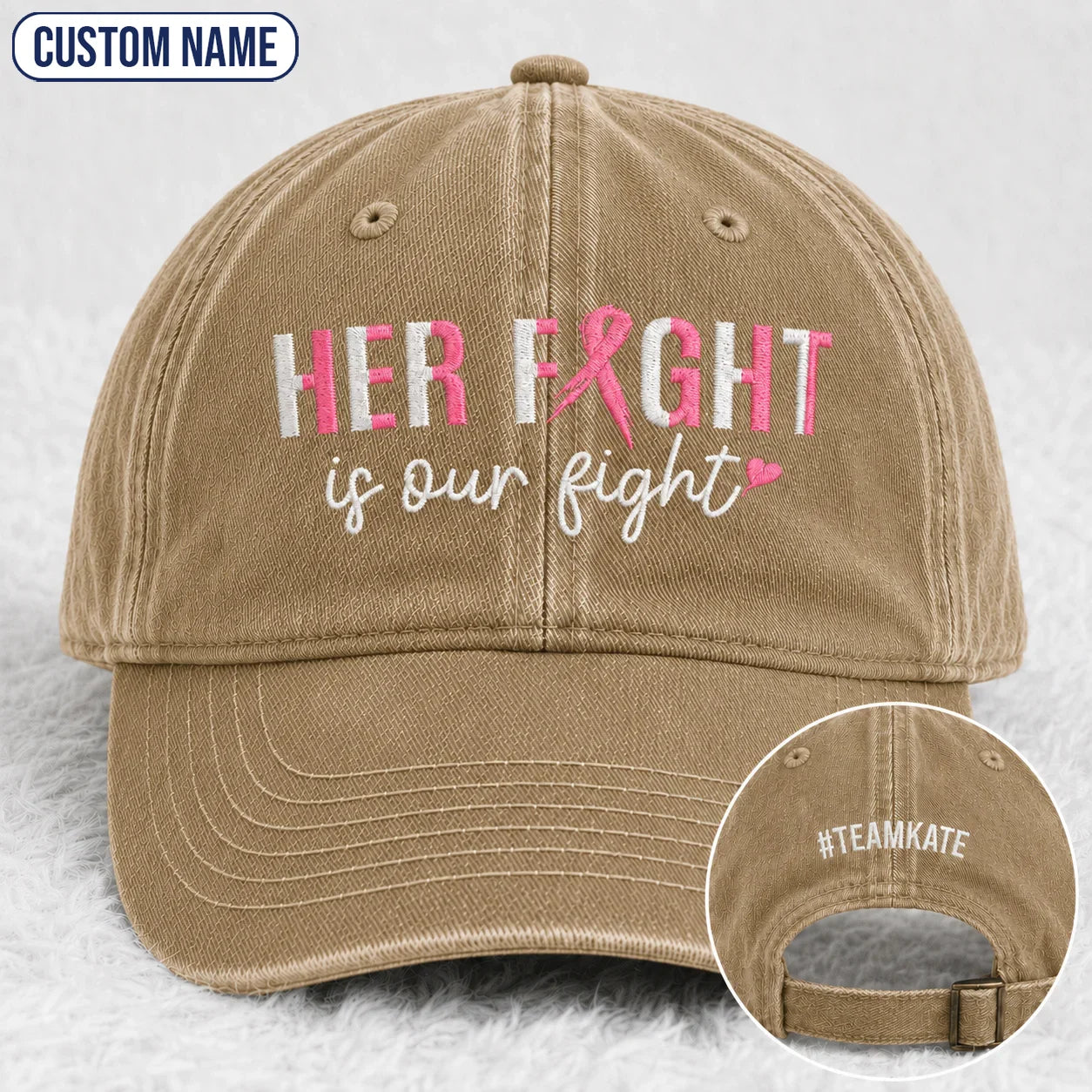 Personalized Her Fight Is Our Fight Pink Ribbon Embroidered Washed Cap, Awareness Gift