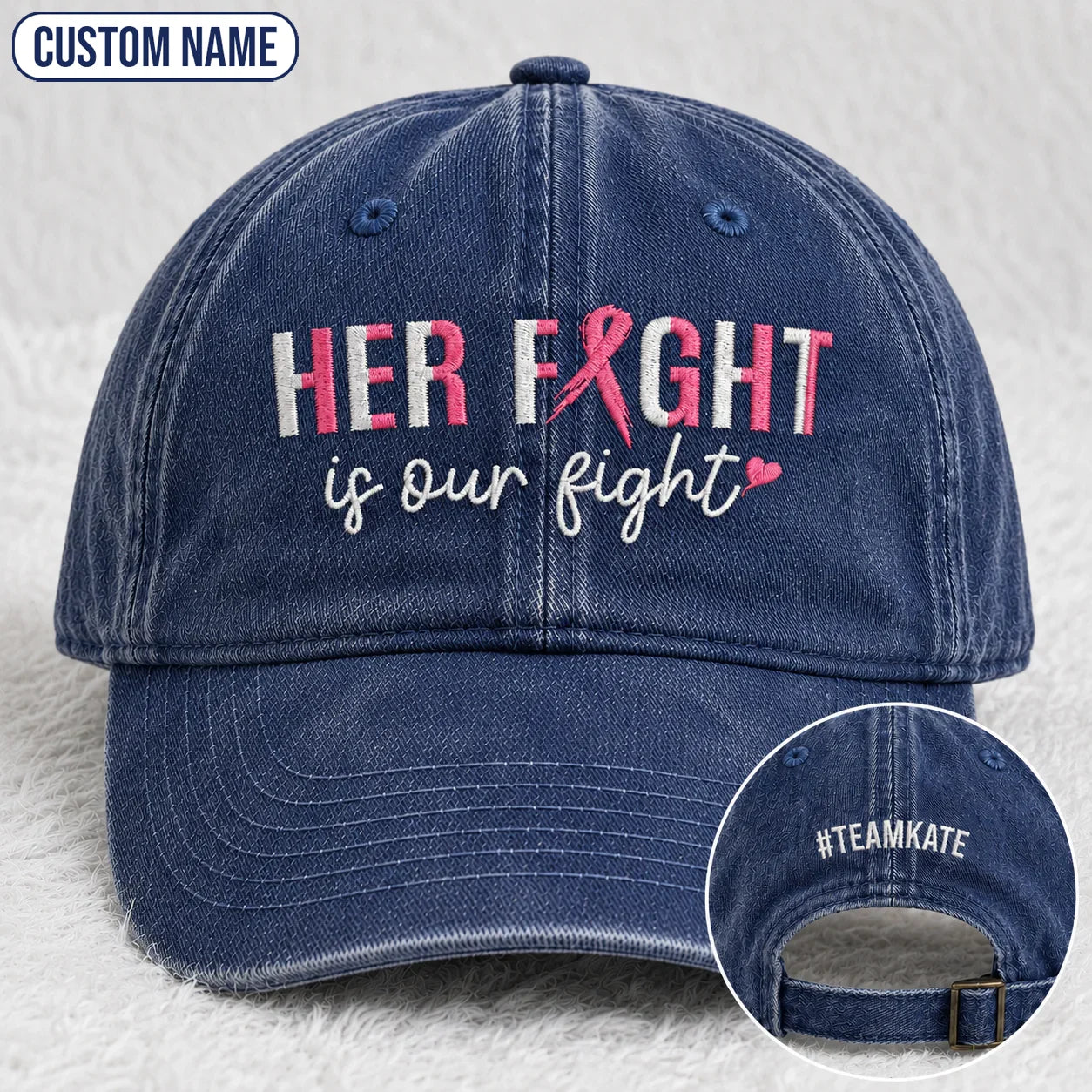 Personalized Her Fight Is Our Fight Pink Ribbon Embroidered Washed Cap, Awareness Gift