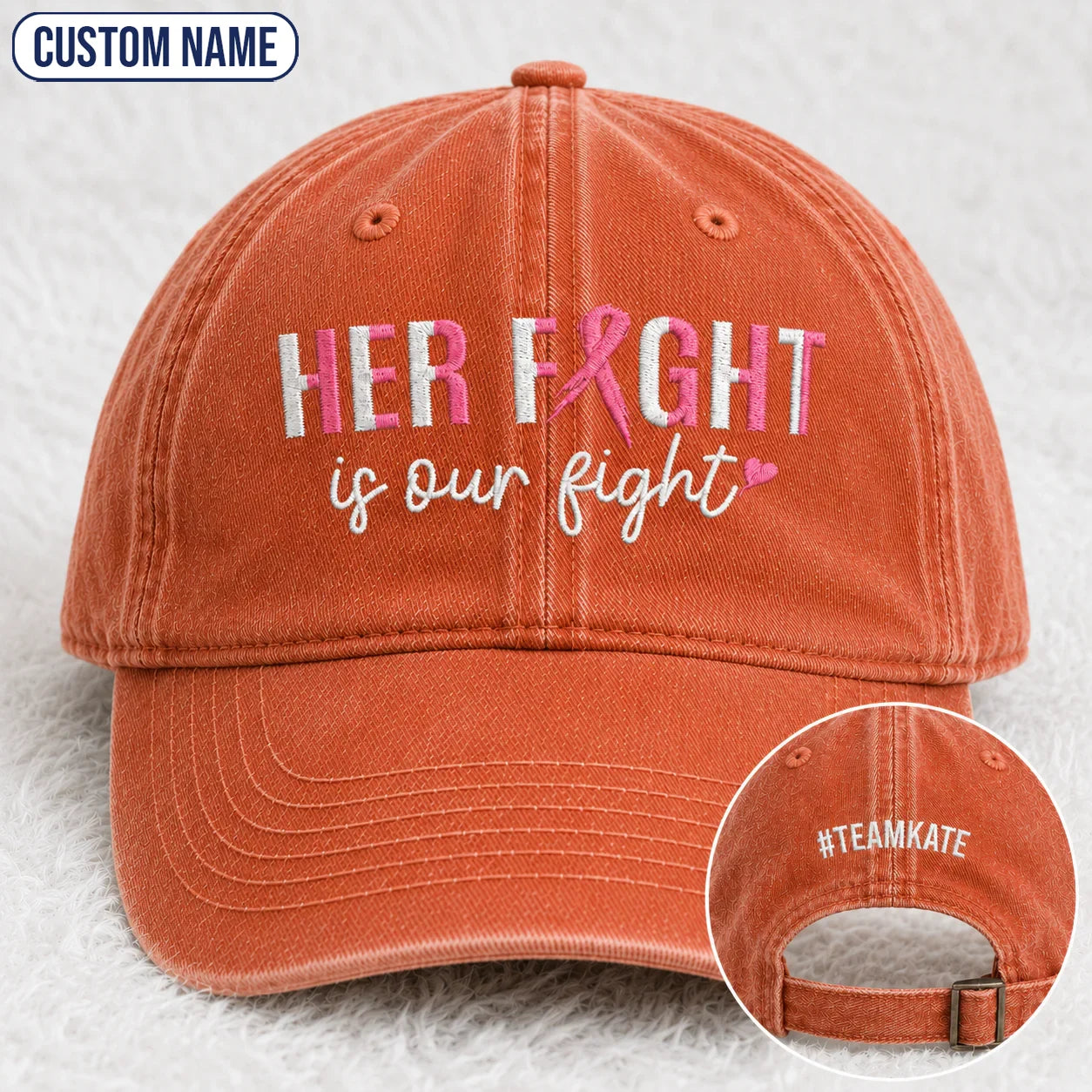 Personalized Her Fight Is Our Fight Pink Ribbon Embroidered Washed Cap, Awareness Gift