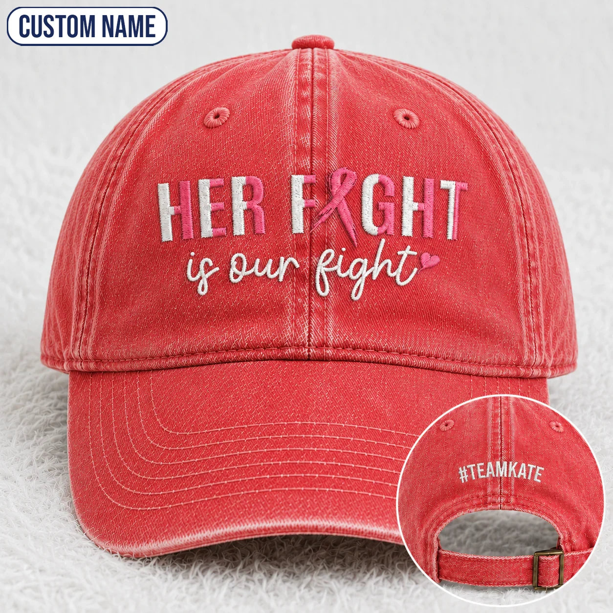 Personalized Her Fight Is Our Fight Pink Ribbon Embroidered Washed Cap, Awareness Gift