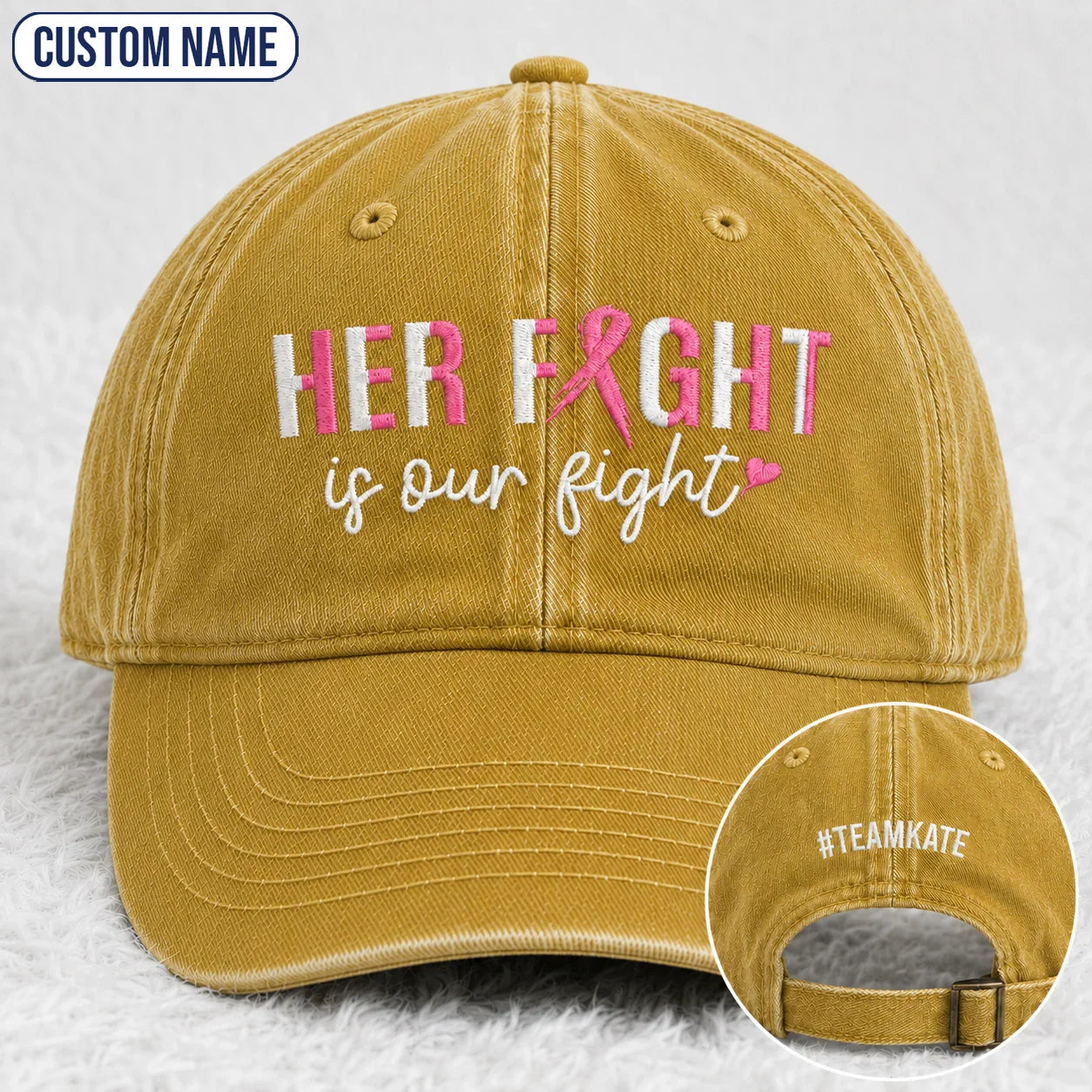 Personalized Her Fight Is Our Fight Pink Ribbon Embroidered Washed Cap, Awareness Gift