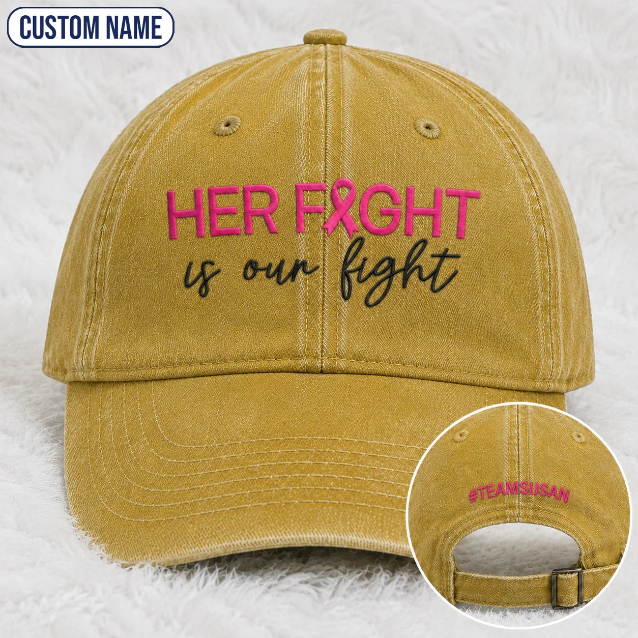 Personalized Her Fight Is Our Fight Pink Ribbon Embroidered Washed Cap V2, Awareness Gift