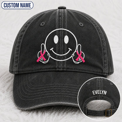 Personalized Smiley Pink Ribbon Embroidered Washed Cap, Awareness Gift