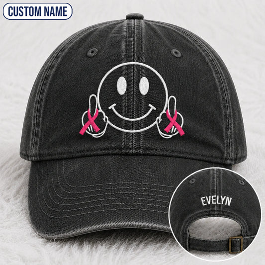 Personalized Smiley Pink Ribbon Embroidered Washed Cap, Awareness Gift