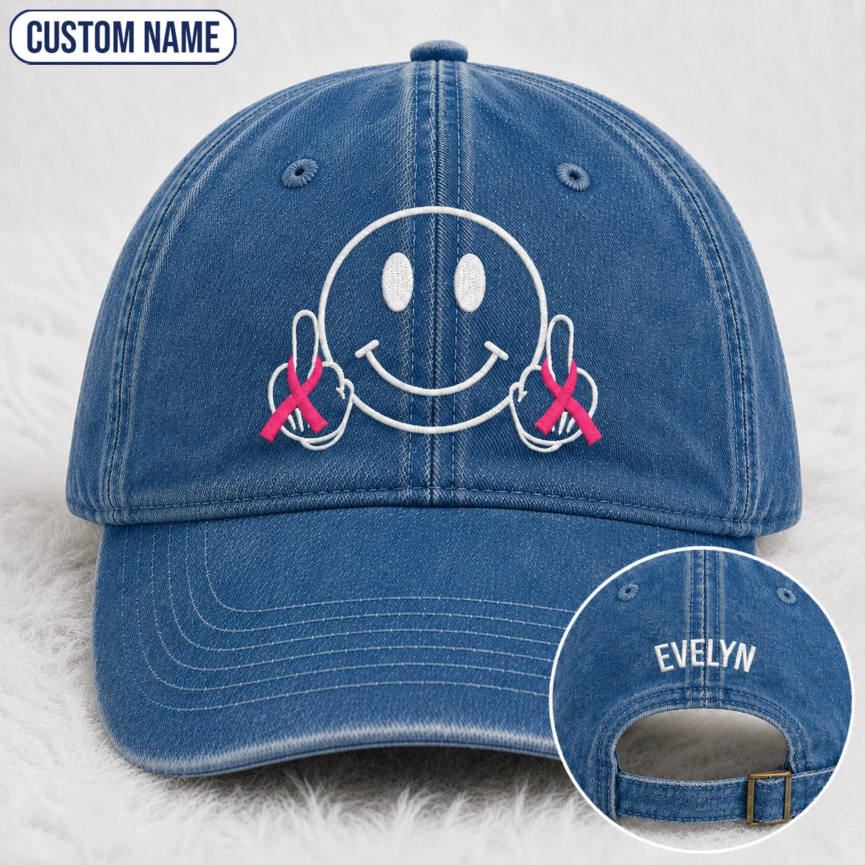 Personalized Smiley Pink Ribbon Embroidered Washed Cap, Awareness Gift