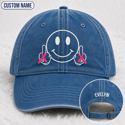Personalized Smiley Pink Ribbon Embroidered Washed Cap, Awareness Gift