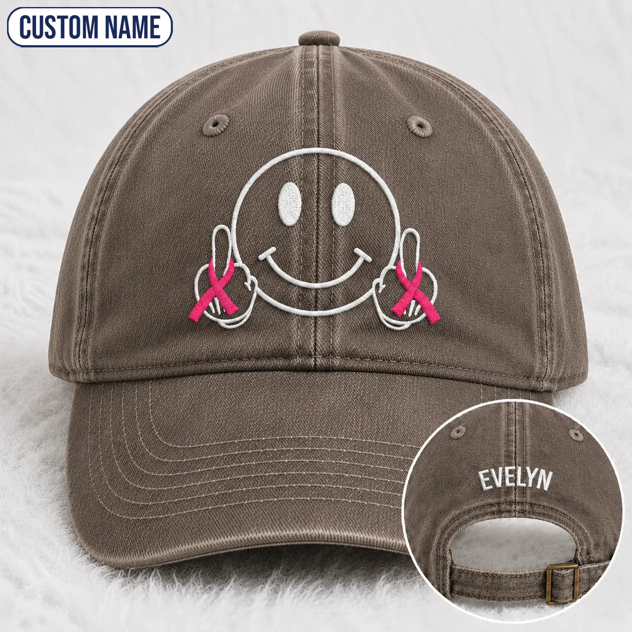 Personalized Smiley Pink Ribbon Embroidered Washed Cap, Awareness Gift