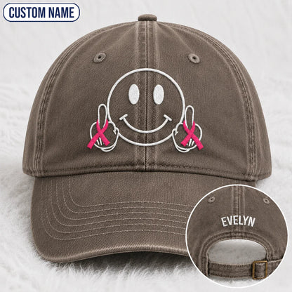 Personalized Smiley Pink Ribbon Embroidered Washed Cap, Awareness Gift