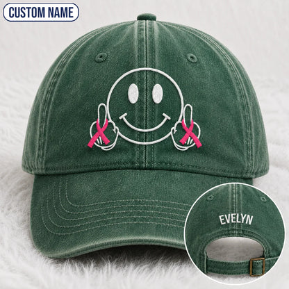 Personalized Smiley Pink Ribbon Embroidered Washed Cap, Awareness Gift