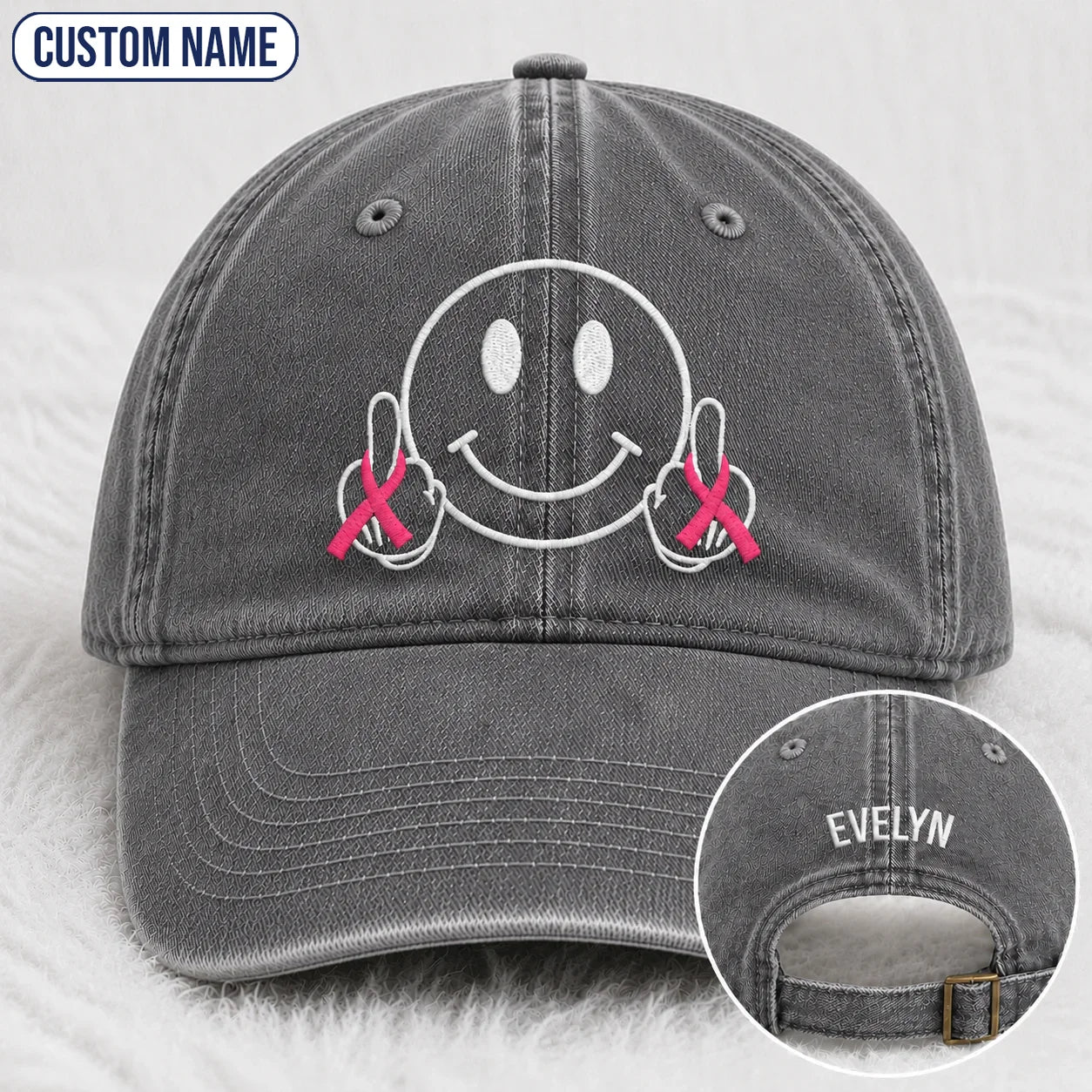 Personalized Smiley Pink Ribbon Embroidered Washed Cap, Awareness Gift