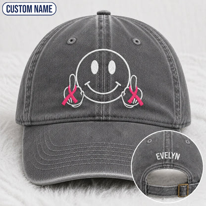 Personalized Smiley Pink Ribbon Embroidered Washed Cap, Awareness Gift