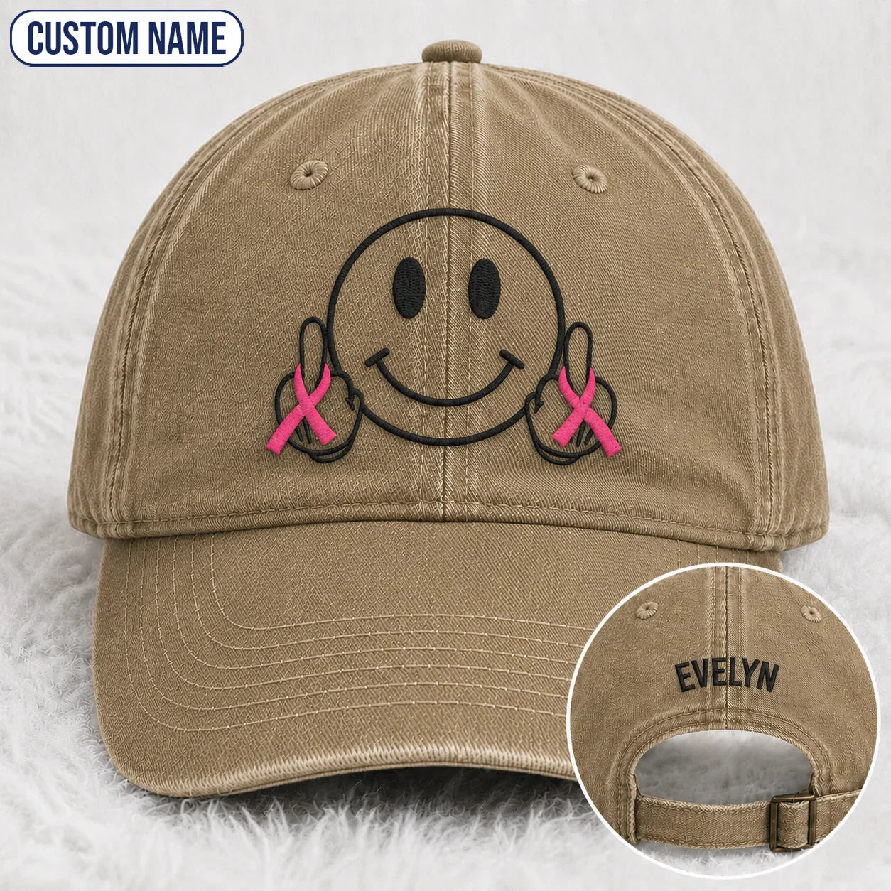 Personalized Smiley Pink Ribbon Embroidered Washed Cap, Awareness Gift