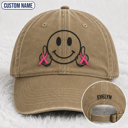 Personalized Smiley Pink Ribbon Embroidered Washed Cap, Awareness Gift