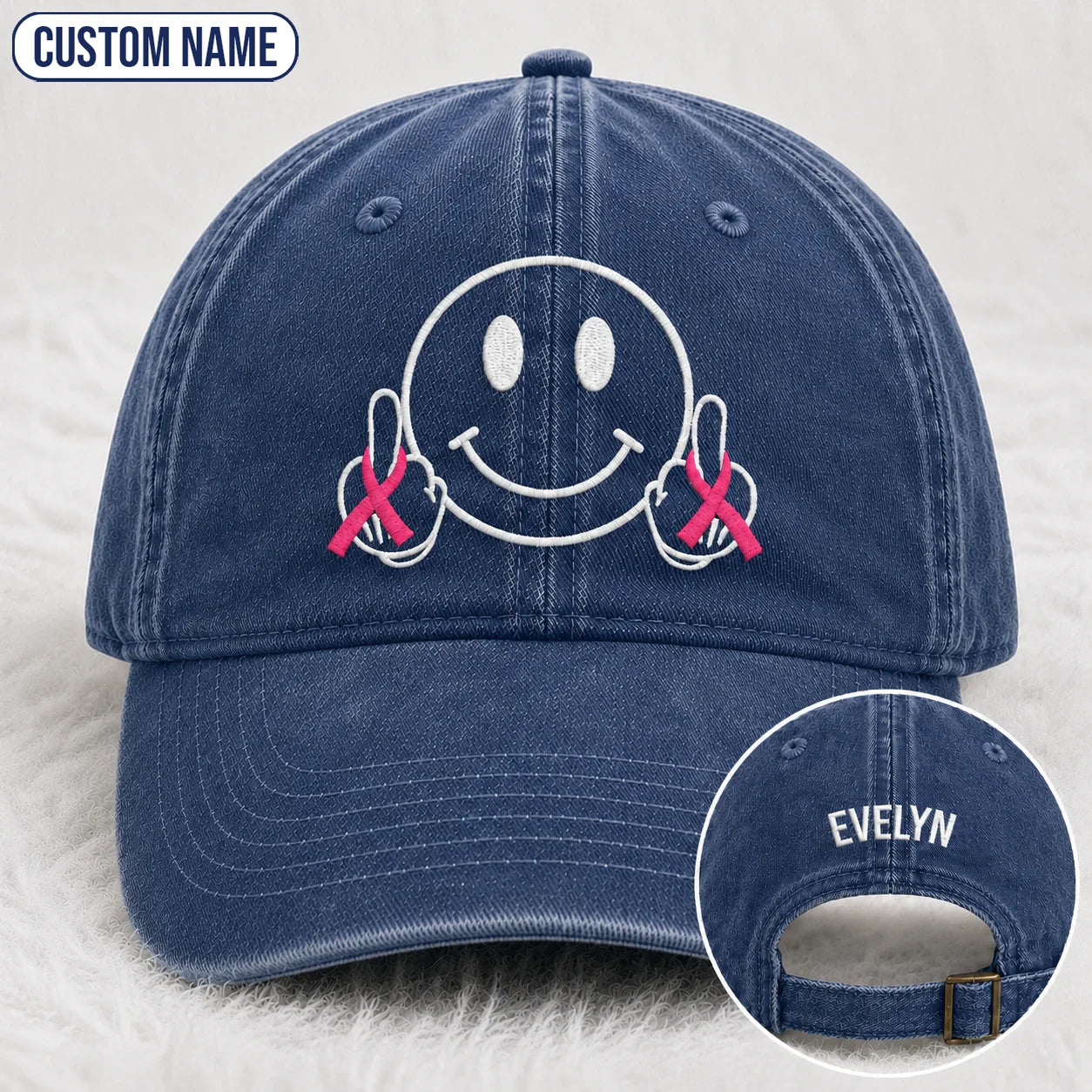 Personalized Smiley Pink Ribbon Embroidered Washed Cap, Awareness Gift
