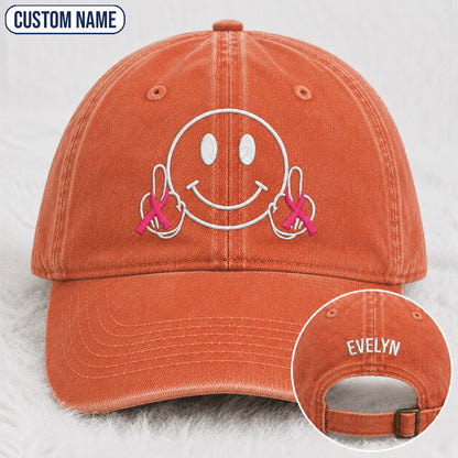 Personalized Smiley Pink Ribbon Embroidered Washed Cap, Awareness Gift