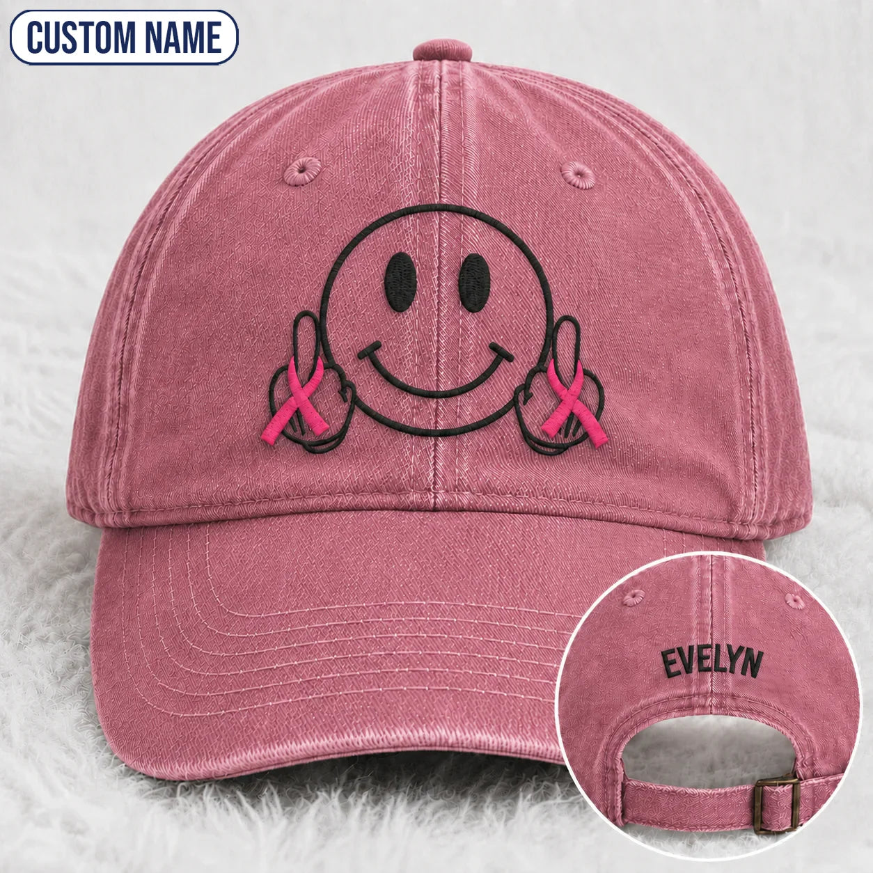 Personalized Smiley Pink Ribbon Embroidered Washed Cap, Awareness Gift
