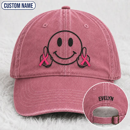 Personalized Smiley Pink Ribbon Embroidered Washed Cap, Awareness Gift
