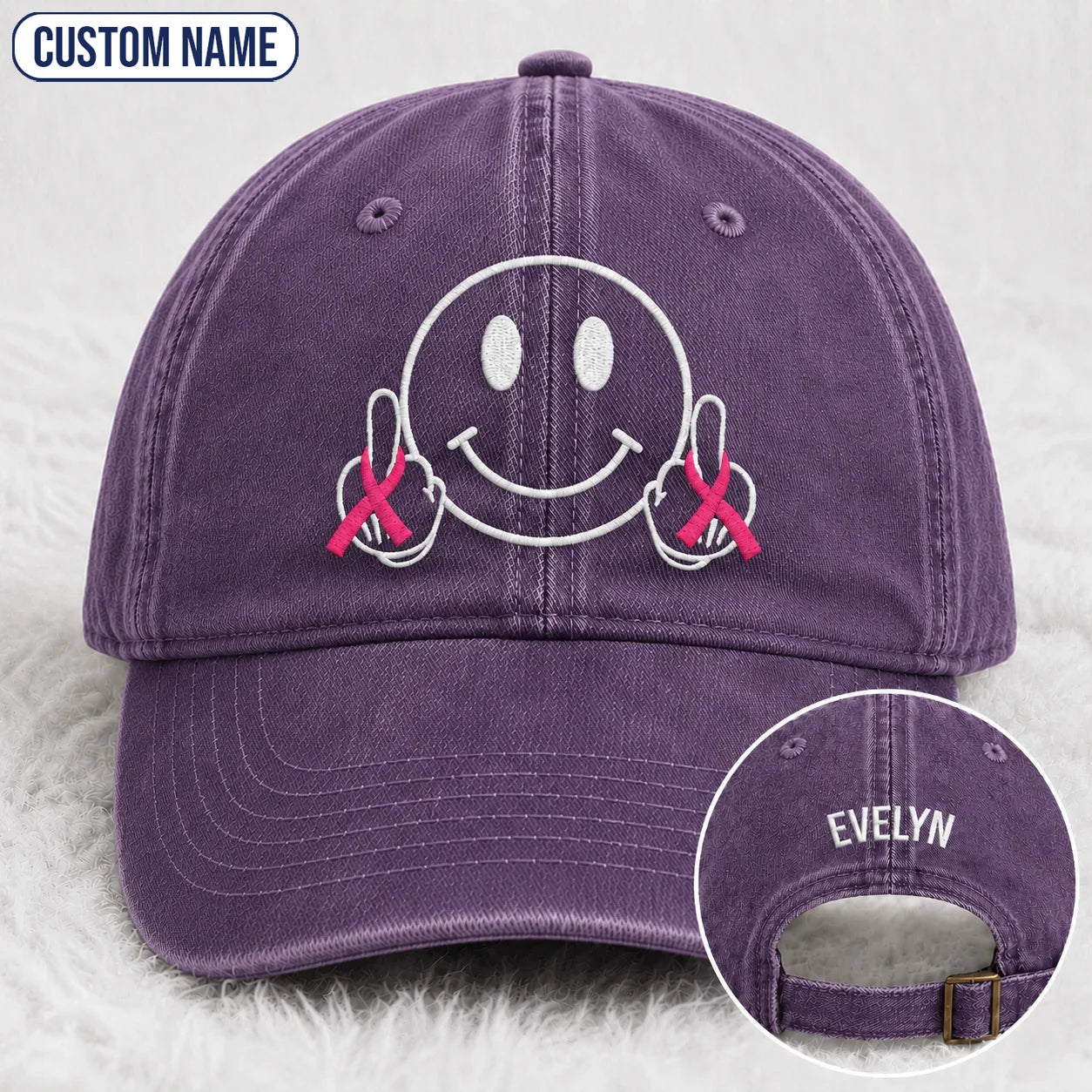 Personalized Smiley Pink Ribbon Embroidered Washed Cap, Awareness Gift
