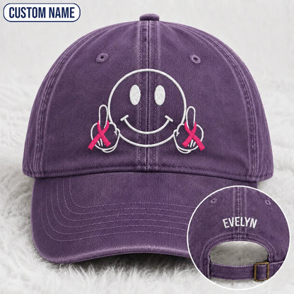Personalized Smiley Pink Ribbon Embroidered Washed Cap, Awareness Gift